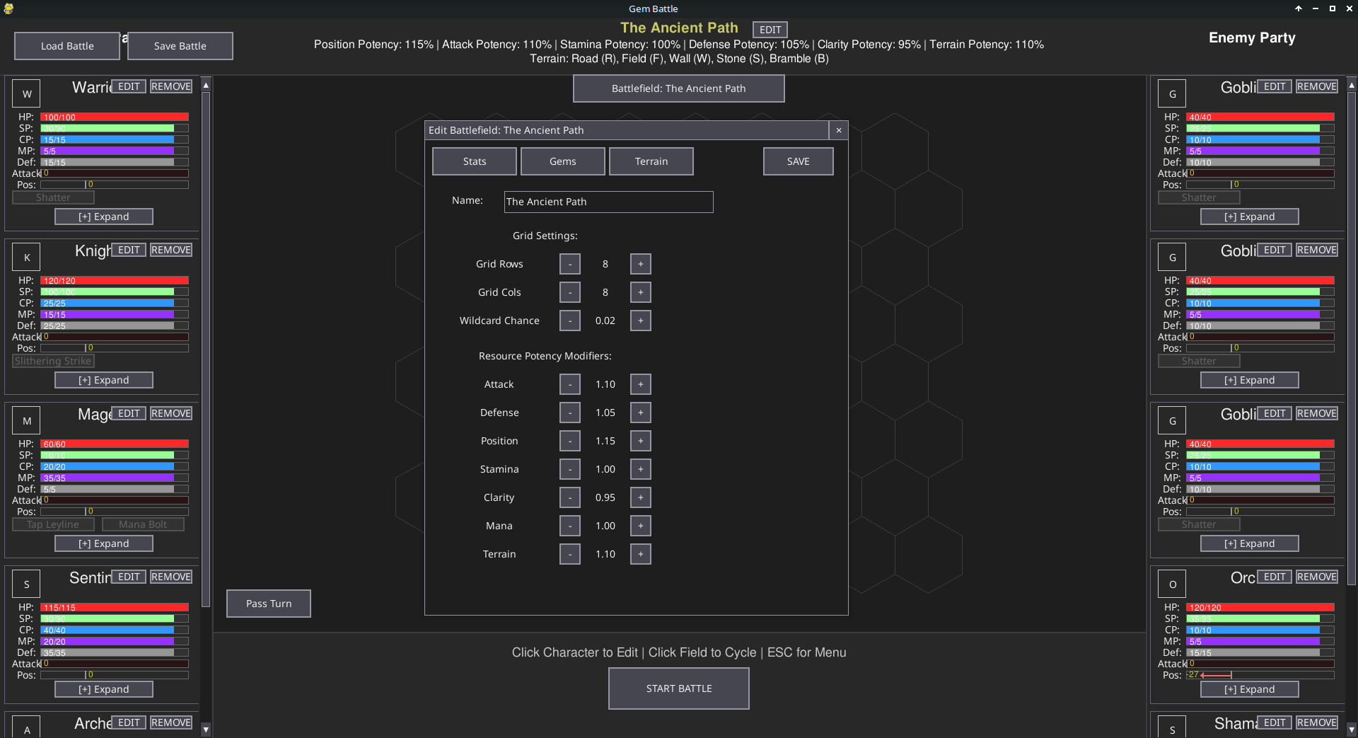 Gem Battle Battlefield Editor - Editing battlefield stats