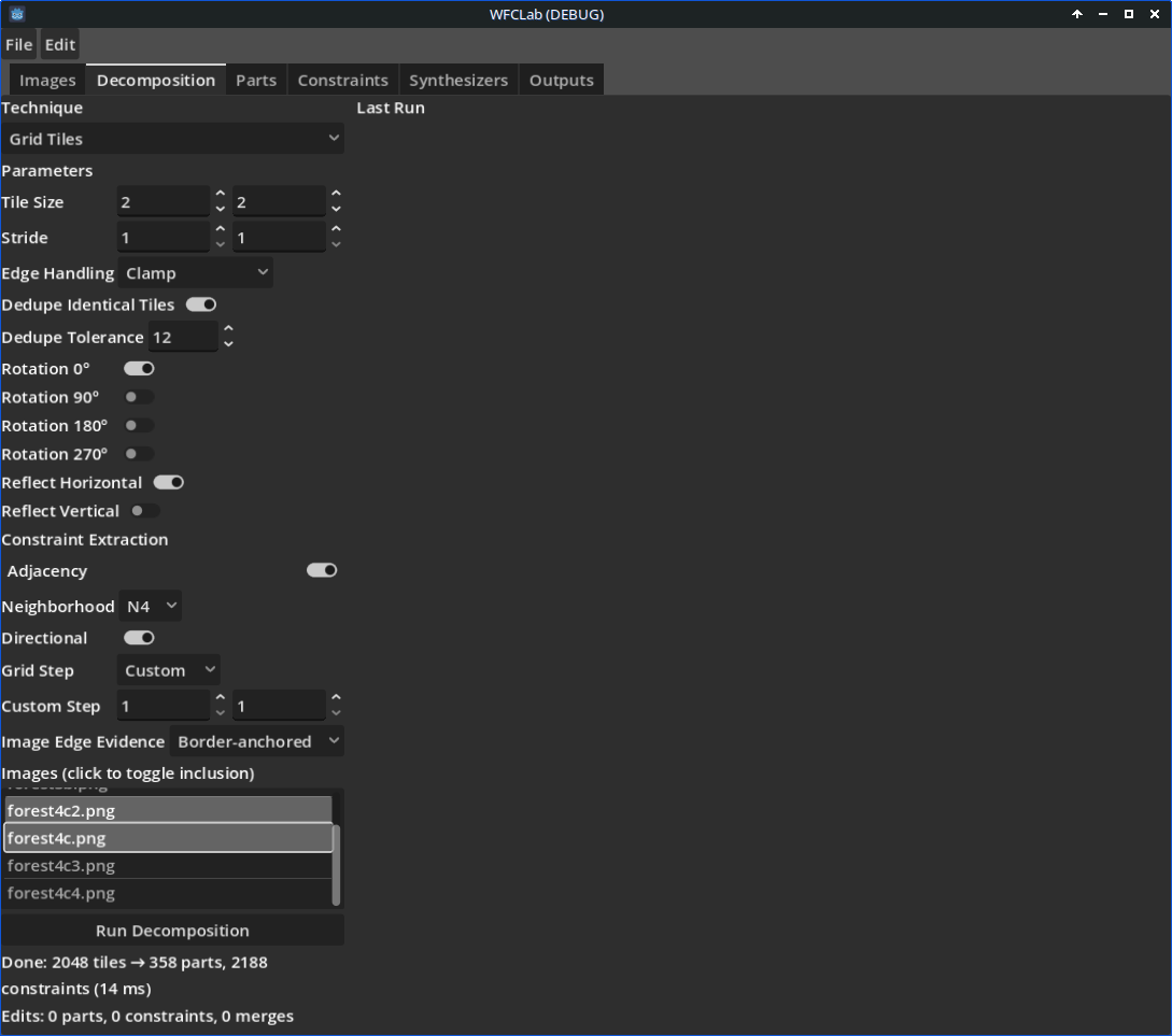 Decomposition tab with grid tile settings