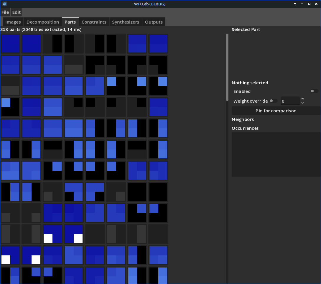 Parts tab displaying extracted tile parts