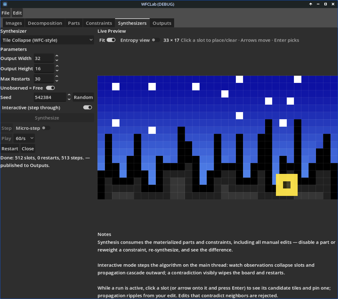 Synthesizers tab during a tile-collapse generation run